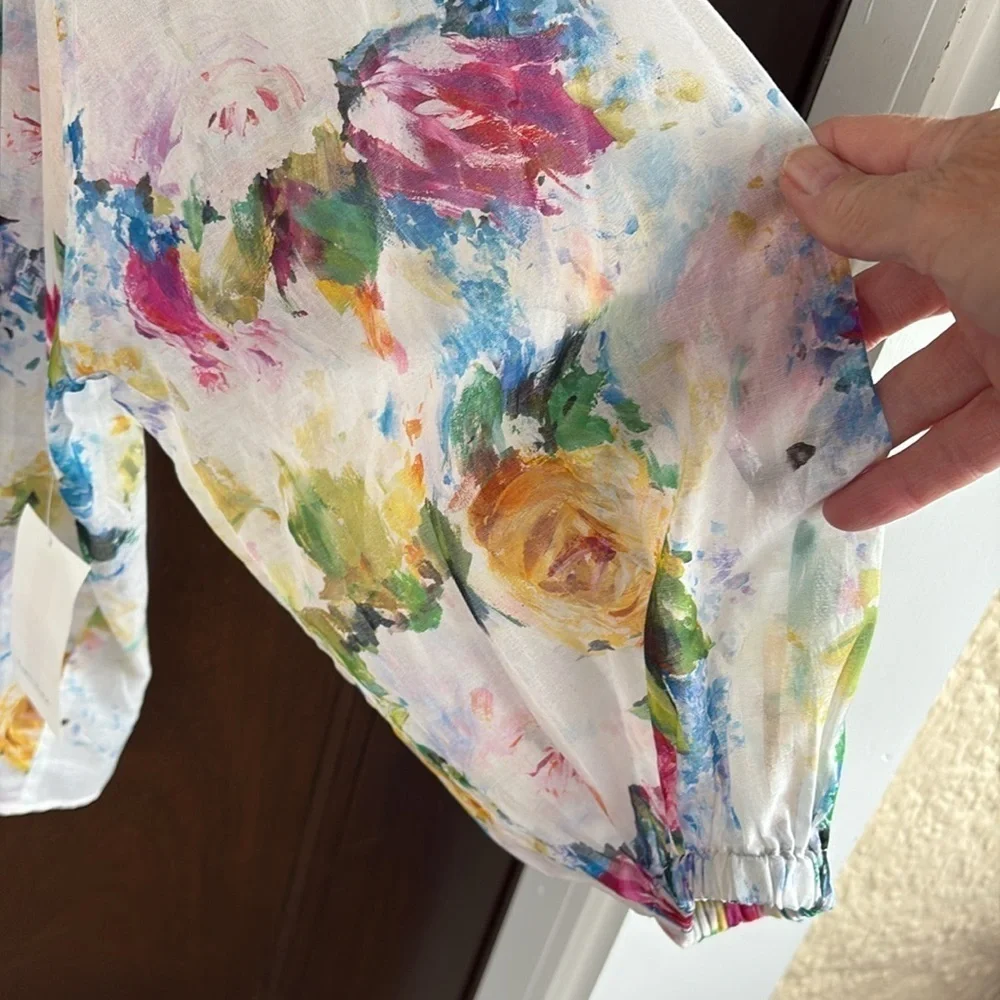 NWT Karen Kane Bright & Beachy Peasant Top White Floral Petite Small
